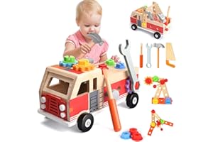 NAUOTK Zestaw Narzędzi dla Dzieci Drewniany, Warsztat Montessori Zabawka Edukacyjna 2 3 4 Lata, Skrzynka Narzędziowa Dla Chłopców i Dziewczynek, Drewniane Narzędzia STEM Prezent, Wóz strażacki