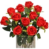12 Pack Red Silk Artificial Rose Flower Bouquet Single Long Stem Realistic Decorative Flowers for Wedding Party Office Home D
