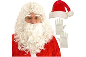 Dreamzfit - Men's Deluxe Santa Hat + White Wig with Beard & Eyebrows + Gloves - Christmas Xmas Novelty Fancy Dress Up Accessories Party Prop, Red / White, Adult One Size