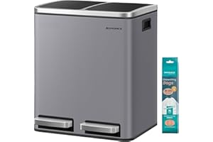 SONGMICS Dual Rubbish Bin, Metal Recycling Bin with 15 Rubbish Bags, 2-Compartment, with Lids, Pedals, Plastic Inner Buckets, Soft Closure, 2 x 4 Gallons (2 x 15 L), Slate Grey LTB030GJ01