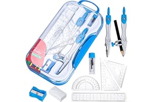 Acooruiteng Maths Set 10 Pieces Compass Maths Geometry Sets Protractor and Compass Set Protractor Set with Storage Box with Compasses Ruler Protractor Eraser Pencil Sharpener Pencil and Refills Blue