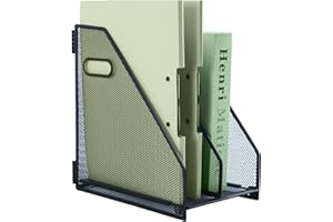 IOUGDSEC Metal Magazine File Holder for Desk with 2 Vertical Compartments ，A4 Document File Holder with handle, Mesh Durable Desktop File Rack for Office School and Home，Black
