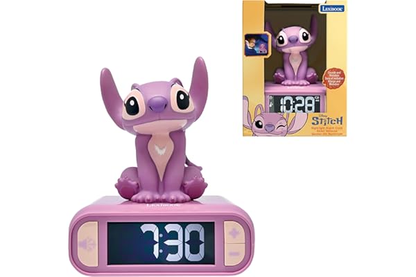 Lexibook, Disney Stitch, Réveil veilleuse Angel, Sons et mélodies, Ecran LCD rétro-éclairé, Lumineux, Snooze, Rose, RL800D1