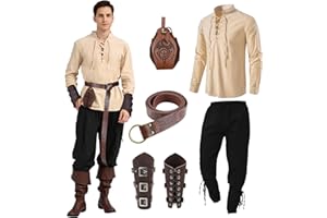 JONRRYIN Vêtements Médiévaux Costume pour Hommes, Costumes Renaissance pour Hommes avec Chemise Classique à Lacets pour Homme, Chemise de Pirate Médiévale, Pantalon Médiéval