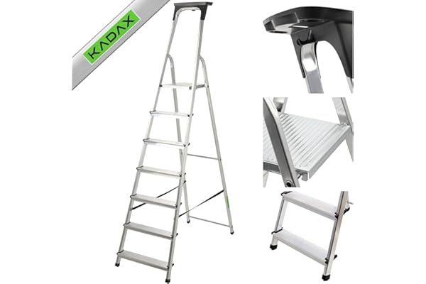 KADAX Escabeau en aluminium, supporte jusqu'à 125 kg, pliable, pour personnes âgées, échelle de sécurité, avec plateau, à 7 marches