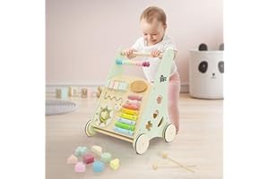 Joyz Andador de Madera Verde, Carrito de Juguete Multifuncional para Bebés y Niños +1 Año, Juguete Montessori de Aprendizaje con 6 Actividades y Ruedas de Goma, Ayuda para Jugar y Andar