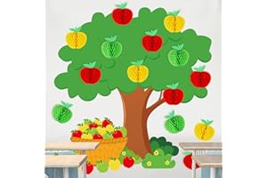 JarThenaAMCS Classroom Tree Bulletin Board Set 3 Colors Apples Honeycomb Tree Grass Fruit Basket Paper Cutouts with Glue Points for Pre School Elementary Middle School Classroom Wall Decor