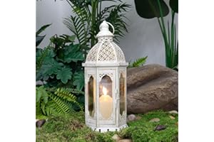 NEWIMAGE Lanterna a Candela Decorazione Alta 38 cm Lanterne a Candela da Esterno Lanterna Lanterne Vintage Portacandele in Metallo per Giardino Salotto Feste all'aperto Matrimoni Terrazza (Bianco)