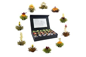 Creano 18 st. teblommor, presentset, blomma, te – vitt, svart och grönt te – i en ädel magnetisk låda med fönster och silverprägling