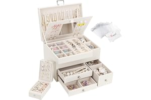 Casiwaft Jewellery Box Organiser, 3 Layers Large PU Jewelry Storage Case with Portable Case, Jewellery Box with Removable Tray and Mirror for Necklace Earring Ring Watch, Beige