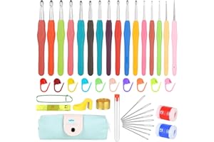 HEMIKS Häkelnadel, 16 Stück Häkelnadel Set mit Ergonomischen Gummigriffen mit Tragbaren Tasche, 1–9 mm Häkelnadeln mit Maschenmarkierern, Häkelset für Anfänger und Profis, Geschenk für Mama Frauen