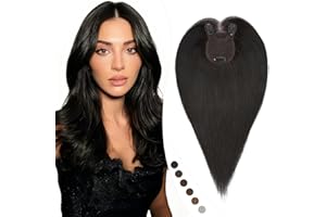 Elailite 35cm Protesis Capilares Mujer Pelo Natural Clip 40g Negro Natural Flequillo Lateral Cabello Humano Hair Topper Silk Basse 8cm*11.5cm #1B