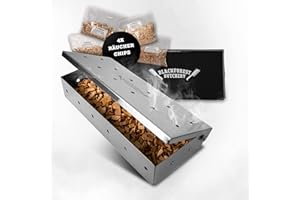 ‎SCHWARZWALD METZGEREI SCHAUFLER Schwarzwald Metzgerei – Räucherbox Set inkl. Räucherchips für Holzkohle-, Elektro- & Gasgrill – Smokerbox aus Edelstahl zum Grillen – Smokergrill-Flair für Fleisch, Fisch & Gemüse (22 x 9,5 x 4 cm)
