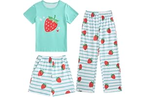 Fanient Girls Pyjamas Sets Colorful Printed Sleepwear Short Sleeve Nightwear Pjs 3 Piece Sets 7-14 Years