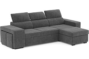 BUDWING John Sofá Cama Esquinero 4 Plazas - Chaise Longue Reversible, Reposacabezas Ajustable y 2 Pufs – Tapizado en Poliéster – Estilo Moderno – 263x161x96 cm – Gris Oscuro