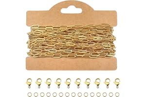 TOAOB THE ONE AND ONLY BABY TOAOB Chaine de Trombone de 5m 3x9mm Chaîne en Acier Inoxydable Doré pour Création Bijoux avec 10pcs Fermoirs et 30pcs Anneaux Ouverts pour Fabrication De Bijoux Bracelet Collier