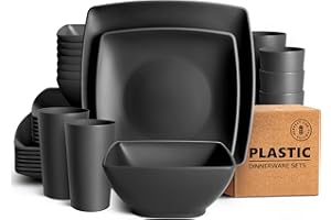 Teivio 32-Piece Kitchen Plastic Square Dinner Set, Service for 8, Dinner Plates, Dessert Plates, Cereal Bowls, 20 oz Cups, Unbreakable Plastic Plates and Bowls Set, Outdoor Camping Dishes, Black