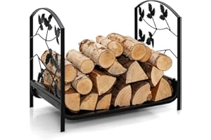 GOPLUS Range Bûches Cheminée, Porte Bûches en Acier avec des Pieds Surélevés, Motifs Feuilles Élégants, Charge 50 kg, Intérieur Extérieur 48 x 34 x 41 cm