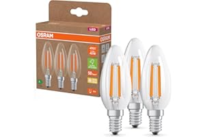 Osram Lampes LED haute efficacité avec classe énergétique A, pack avantage de 3 lampes, remplace les ampoules 40W classiques, forme de bougie, blanc chaud (2700K), E14, verre filament