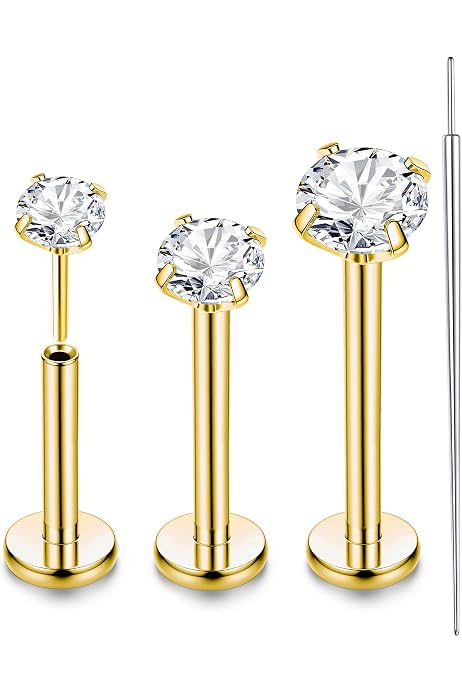BodyAce Internally Threaded Tragus Piercings - 16G 18G 20G Surgical Steel Flat Back Studs For Lip, Nose, Cartilage