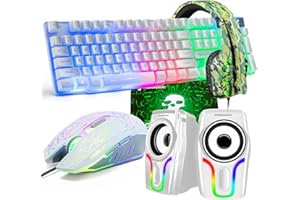 LEXONTECH kabelgebundene Gaming-Tastatur mit Regenbogen-Hintergrundbeleuchtung, USB-Tastatur+2400 DPI 6 Tasten optische Regenbogen-LED-Gaming-Maus+Gaming-Headset+RGB-Lautsprecher+Mauspads für Computer/PC (weiß)