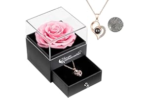 Sunia Cadeau Fete des Meres,Rose Eternelle avec Bijoux,Préservé Real Rose Eternal Rose avec Je t'aime Collier Cadeau,Enchanté Real Rose pour la Fête des Mère anniversaire Cadeaux Romantiques pour Elle