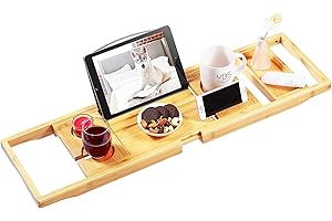 VaeFae Plateau de Baignoire en Bambou, Plateau de Bain Extensible pour Baignoire avec Fentes à vin améliorées et Support de Livre – Idéal pour Une ou Deux Personnes