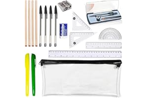 TEARMIER 18 PCS Secondary School Stationery Set, Maths Sets for Secondary School, Geometry Kit with Compass, 4 Graphite Pencils, 4 Pens, 2 Highlighter, Eraser & Sharpener & Pencil Case