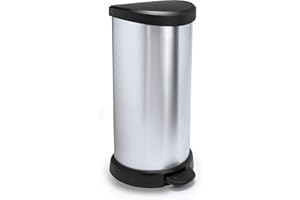 CURVER Poubelle ronde à pédale 40L - Fermeture douce - Aspect Métal - Pour Cuisine, Bureau, Salle de Bain - 29,8 x 34,9 x 69,7 cm - Gris