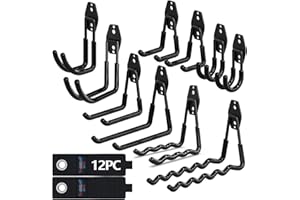 3-H Heavy Duty Garage Hooks 12 Pack, Utility All-Steel Storage Hooks with Anti-Slip Coating, Wall Mount Hooks for Hanging Ladders, Lawn Mower, Hose, Garden Tools (Black)