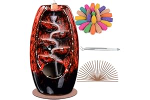 SPACEKEEPER Soporte para Quemador de Incienso de reflujo, Adorno de cerámica para aromaterapia, decoración del hogar con 120 Conos de Incienso de reflujo + 20 varitas de Incienso, Rojo