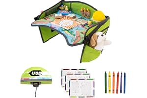 ZANCLEM Vassoio da Viaggio per Bambini Portatile per Disegnare e Intrattenere i Bambini in Aereo, Passeggino o Seggiolino | Tavolino Auto per Bambini con Porta USB x Tablet, Smartphone (Verde)