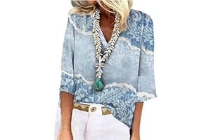 TIMEMEAN Tops Femme,Tops d'automne à Manches 3/4 pour Femmes Chemises D'Été à Col V en Dentelle Et Crochet Chemisier De Bureau Décontracté à Imprimé Floral