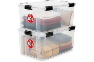 Iris Ohyama 2 Cajas herméticas de plástico con tapa y cierres a presión, 50L, Transparente, sello impermeable, apilables, antipolvo, para ropas, camping, exteriores, cubo de almacenaje, box, AT-L