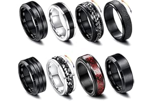 LOCCY Noir Argent Bagues en Acier Inoxydable, 8 pièces Acier Inoxydable Noir Argent Tournante Chaîne Homme Anneaux Spinner Bague Homme Acier Inoxydable, 54-70