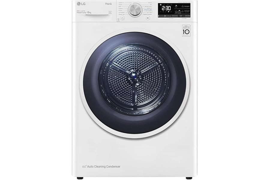 LG RH80V9AVHN Smart Front Load Dryer 8 kg, Class C, Condensing with Heat Pump, Wi-Fi with SmartThinQ, Eco Hybrid, Allergy Care, 60 x 69 x 85 cm - White