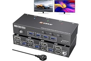 CAMGEET USB 3.0 HDMI KVM Switch 2 monitor 3 computer 4K a 60 Hz, simulazione EDID, switch KVM per doppio monitor per 3 computer Condividi 2 display e 4 porte USB 3.0, telecomando cablato e cavi inclusi