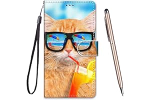 TOUCASA Funda Compatible con OPPO A15/A15s, Funda Tapa Libro Movil Carcasa PU Cuero Funda para OPPO A15/A15s [Protección Completa] [Ranura Tarjeta][Función Soporte] (Gato Bebiendo)