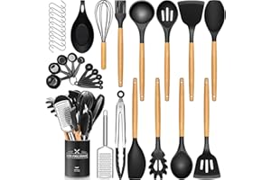 DLD Set di 34 utensili da cucina in silicone, resistenti al calore, con manici in acciaio inossidabile di alta qualità, per cucinare e cuocere, spatole antiaderenti, utensili da cucina (nero)