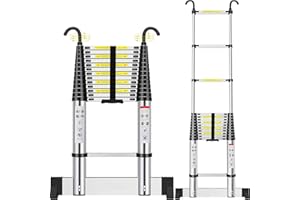 ACROHOME 4.9M/16FT Telescoping Ladder, Aluminum Lightweight Telescopic Ladders with Stabilizer and Detachable Hooks, Portable Extension Loft Ladder for RV or Outdoor Work, 330lb Capacity