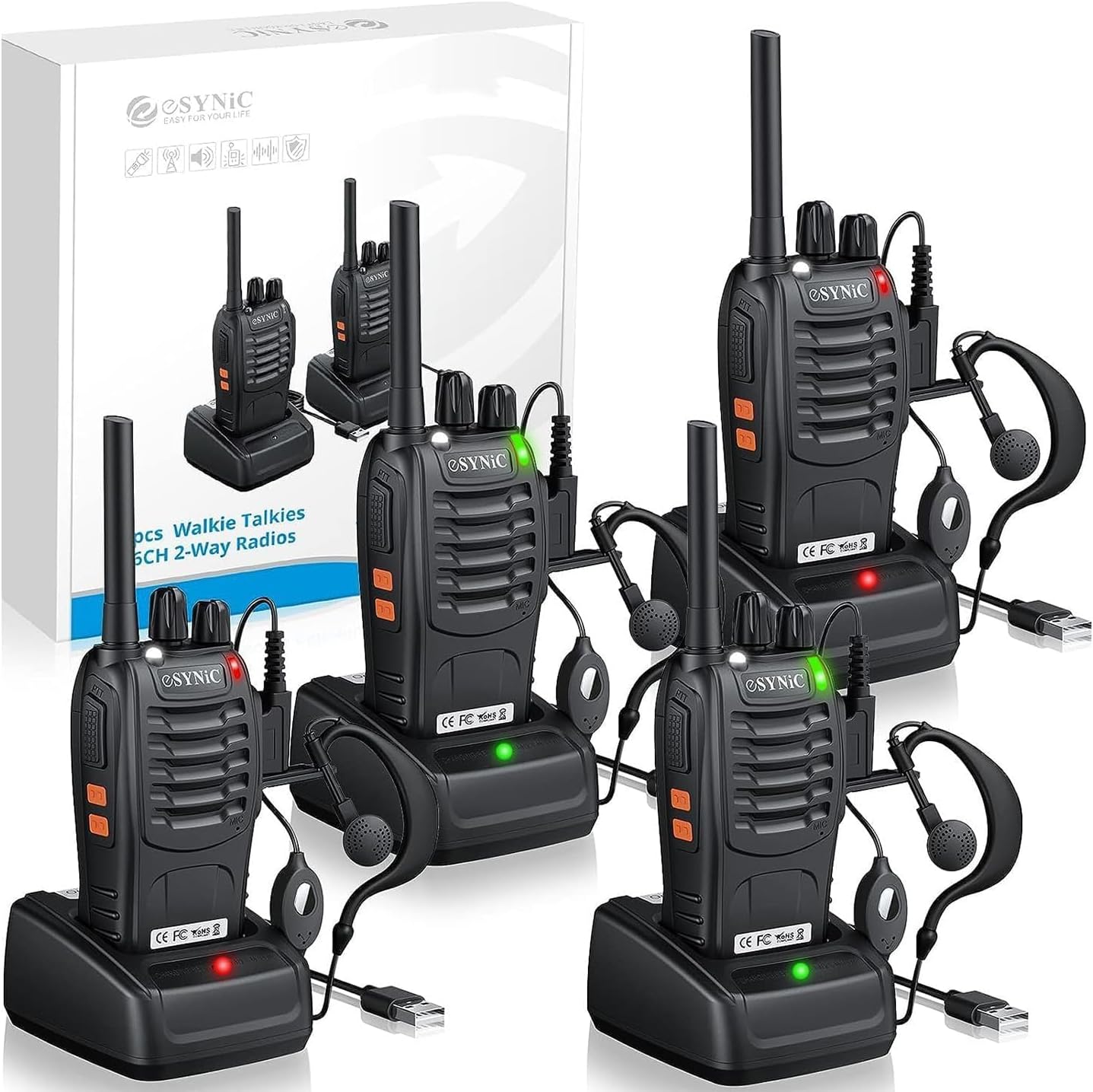 eSynic 4Pack Professional Walkie Talkies for Adults Rechargeable Walkie Talkies 16CH Two Way Radio Hand Free VOX Walkie Talkie With Earpieces& LED Lights Wonderful Gifts For Adults Kids etc