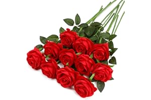 Tifuly Red Fake Roses Artificial Flowers - 10 Pcs Fake Artificial Red Roses Silk Flowers with Stems for Home Wedding Hotel Office Centerpiece Decor