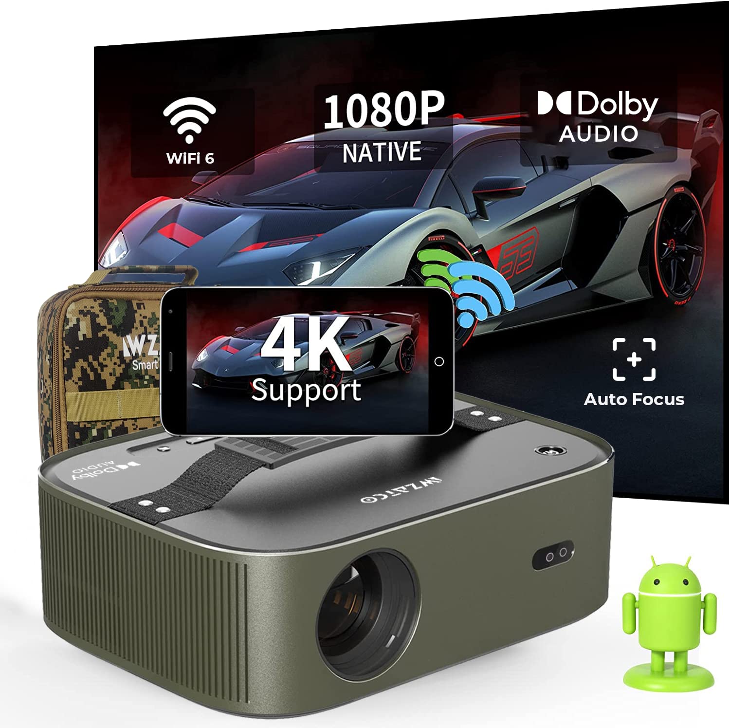 WZATCO Alpha 2 (Upgraded) Native 1080P Full HD 4K HDR | 840 ANSI, Auto (Focus + 6D Keystone) | Android 9, Certified Dolby, Wi