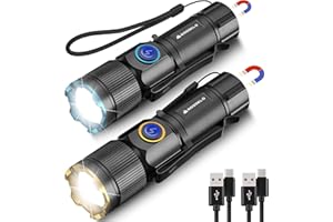 Sogdeco LED Torch Rechargeable, 2 Pack Super Bright Adjustable Focus Flashlight, 4 Lighting Modes, 26 Hours Long Runtime, Magnetic Waterproof Pocket Size Torch for Power Cuts,Emergency,Walking,Camping