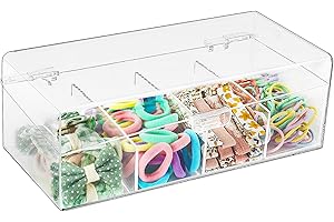 JessLab Hair Accessories Organizer for Girls, Acrylic Hair Bow Tie Clip Scrunchie Holder with Dividers, Clear Stackable Storage Box for Bathroom, Bedroom, Vanity Countertop, 4 Compartment