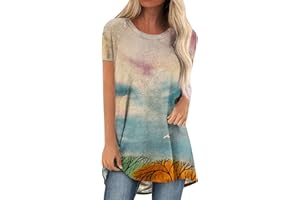 MRAT Womens Tops Long Tops to Wear with Leggings Round Neck Short Sleeve Tops Leaf Print T-Shirt Longline Tops Oversized Tees Summer Smock Shirt Blouse Womens Casual T Shirts Tunic Tops Sale
