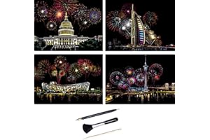 ShipeeKin 4 immagini da graffiare, 290 x 210 mm monumenti famosi in tutto il mondo con fuochi d'artificio, carta da graffiare colorata patinata con set di strumenti