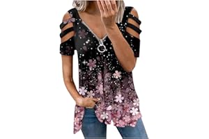 MICKURY Damenmode Casual Print Loose Zipper Kurzarm T-Shirt Tops Bluse