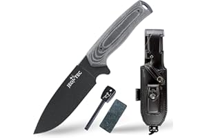 JEO-TEC Nº21 Cuchillo supervivencia caza monte bushcraft camping outdoor campo - Funda de piel con pedernal y piedra afilar incluidos - Acero BÖHLER N690C - Fabricado en España