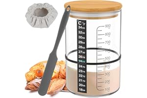 FYEME 7 Stück Sauerteig Starter Set 900ml Sauerteig Glas mit Deckel Silikonspatel Thermometerpapier Gummiband Stoffhut Stift Etikett Sourdough Starter Kit für Brot Backen (A)